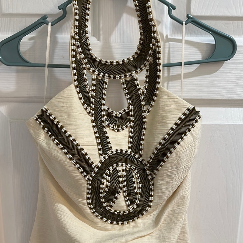Trina Turk Cream Halter Dress with Brown sequin Detailing.